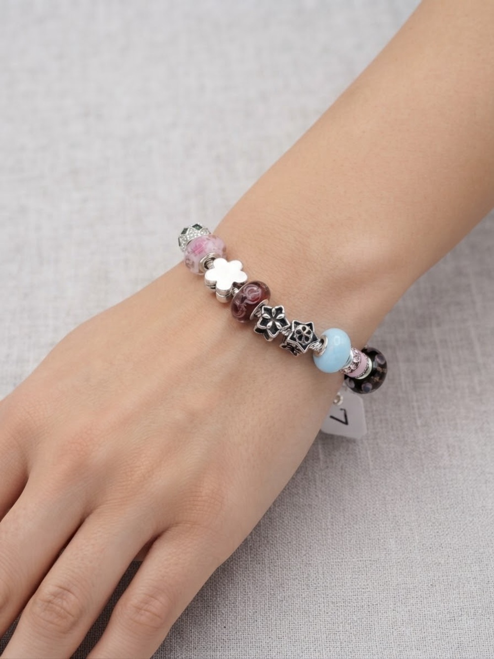 Glass Bead & Sterling-Style Charm Bracelet in Pink and Blue
